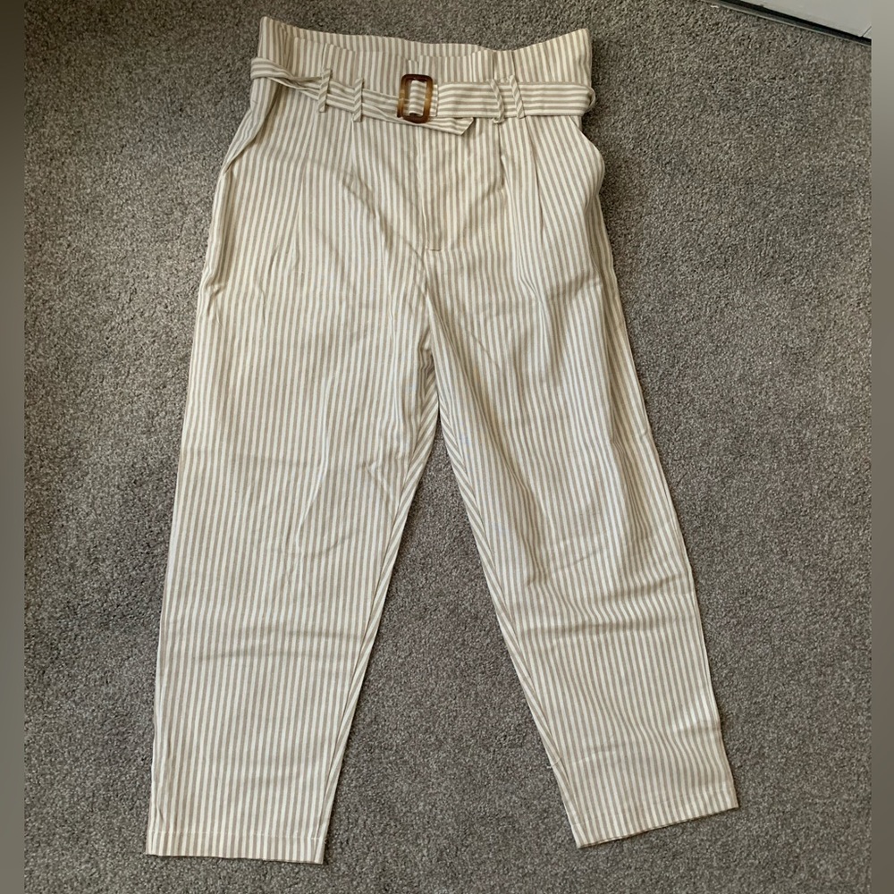 Taupe and white wide legged pants with belt from East Star (size 6 US)